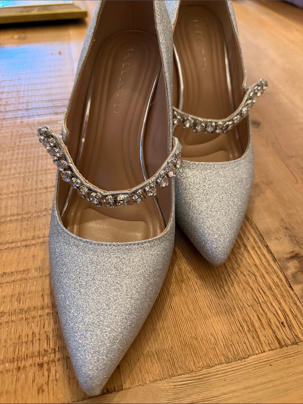 BCBGeneration Silver Glitter Pointed-Toe Mary Jane Heels with Crystal Strap